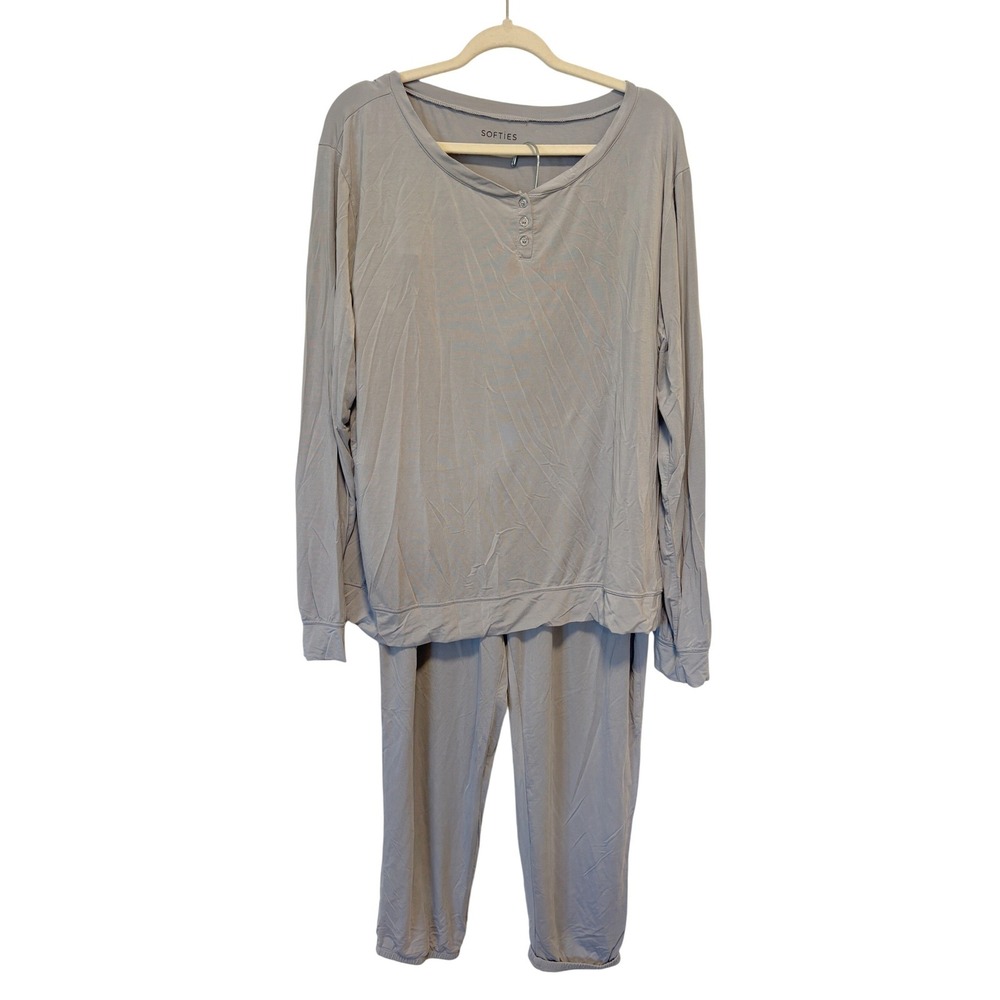 Softies Blue Gray Modal Spandex Henley Pajama Set Long Sleeve Jogger Women's XL